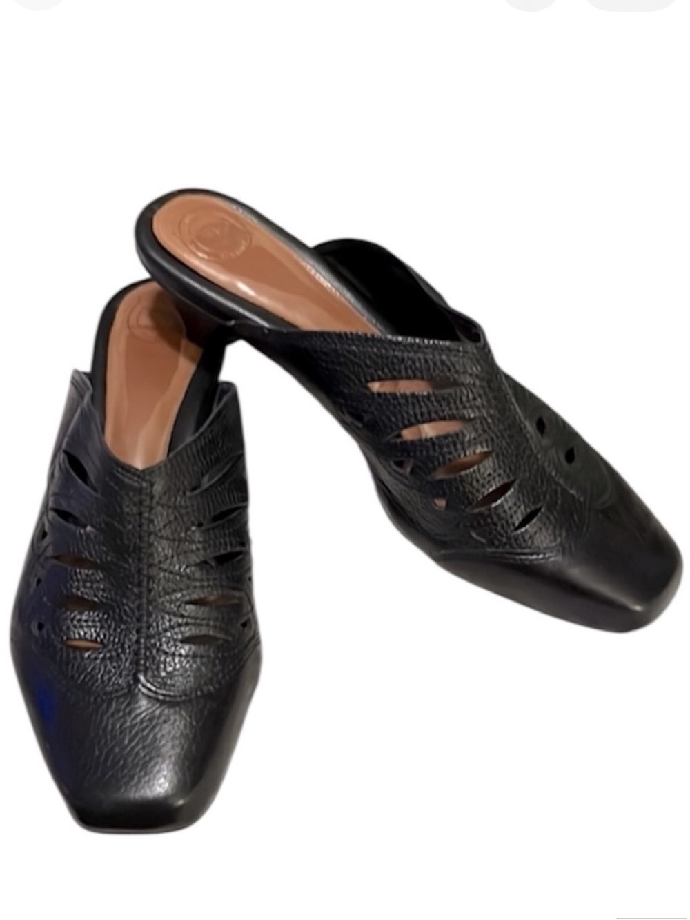Nurture Black Leather Columbus Perforated Mule Stacked Kitten Heel Shoes 8.5